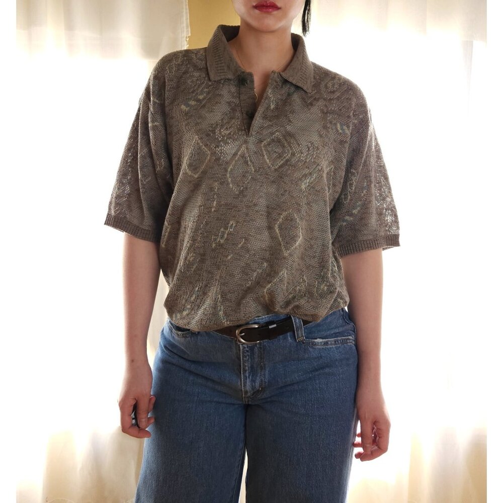 Vintage polo shirt short sleeve knit top abstract olive green, cotton linen